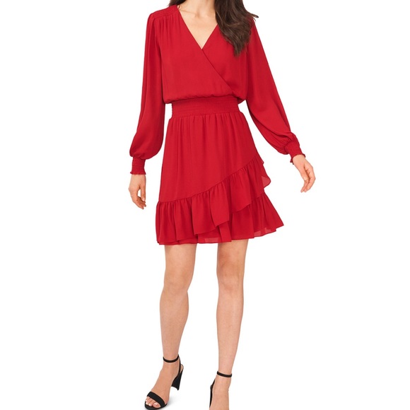 Red long sleeve, smocked waist, pullover dress ruffled-hem dress from MSK - Picture 7 of 7